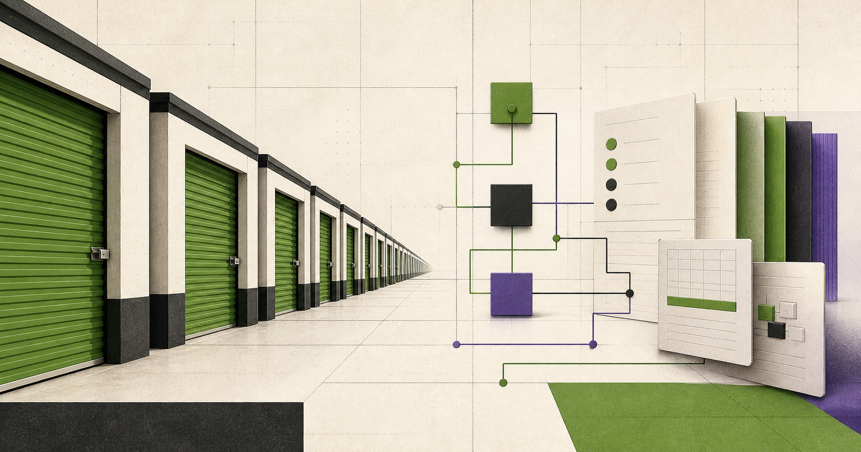 Editorial illustration connecting a self-storage corridor with a governed operating system