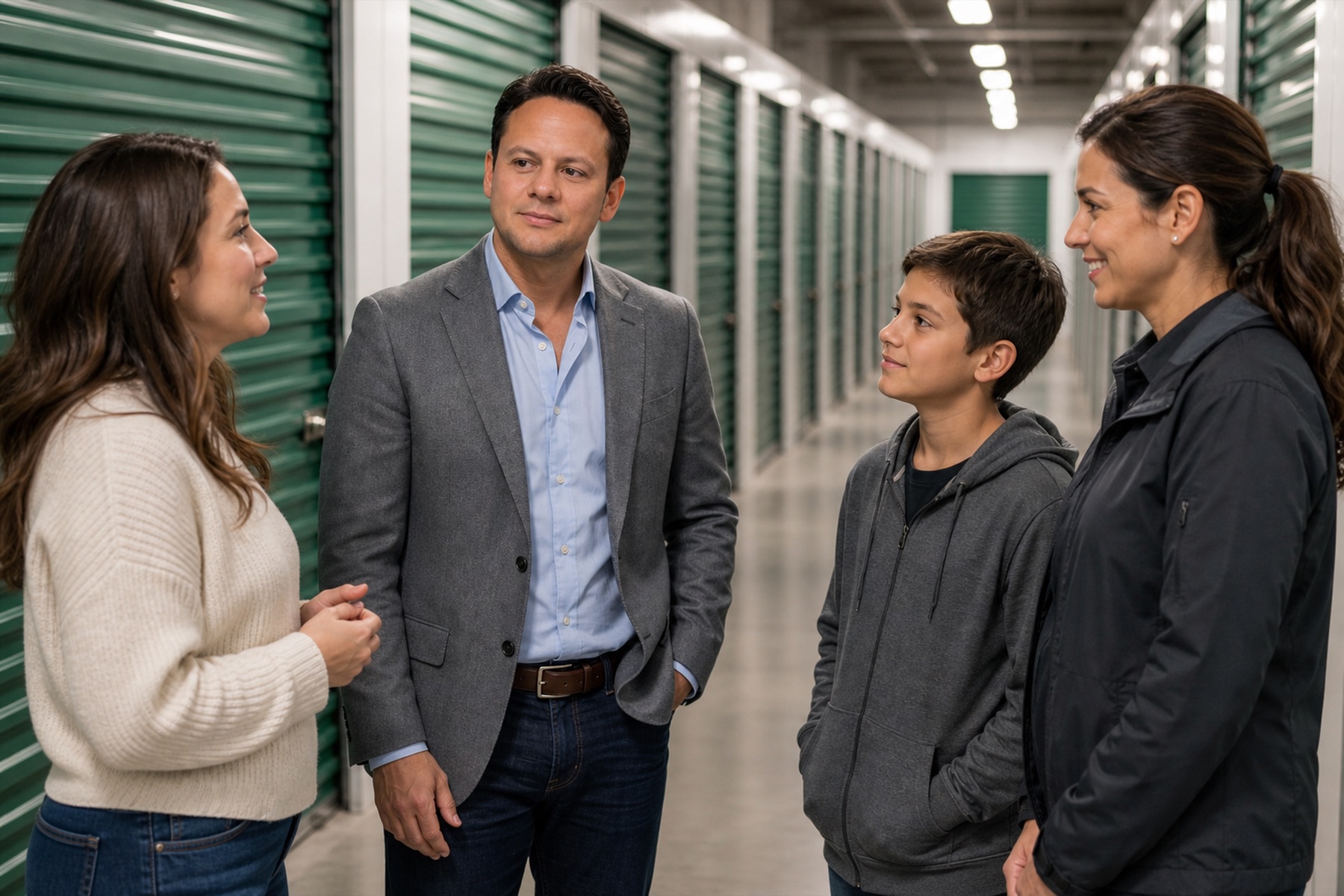 AI-generated editorial image of Jared Mastroianni in a customer family corridor conversation setting