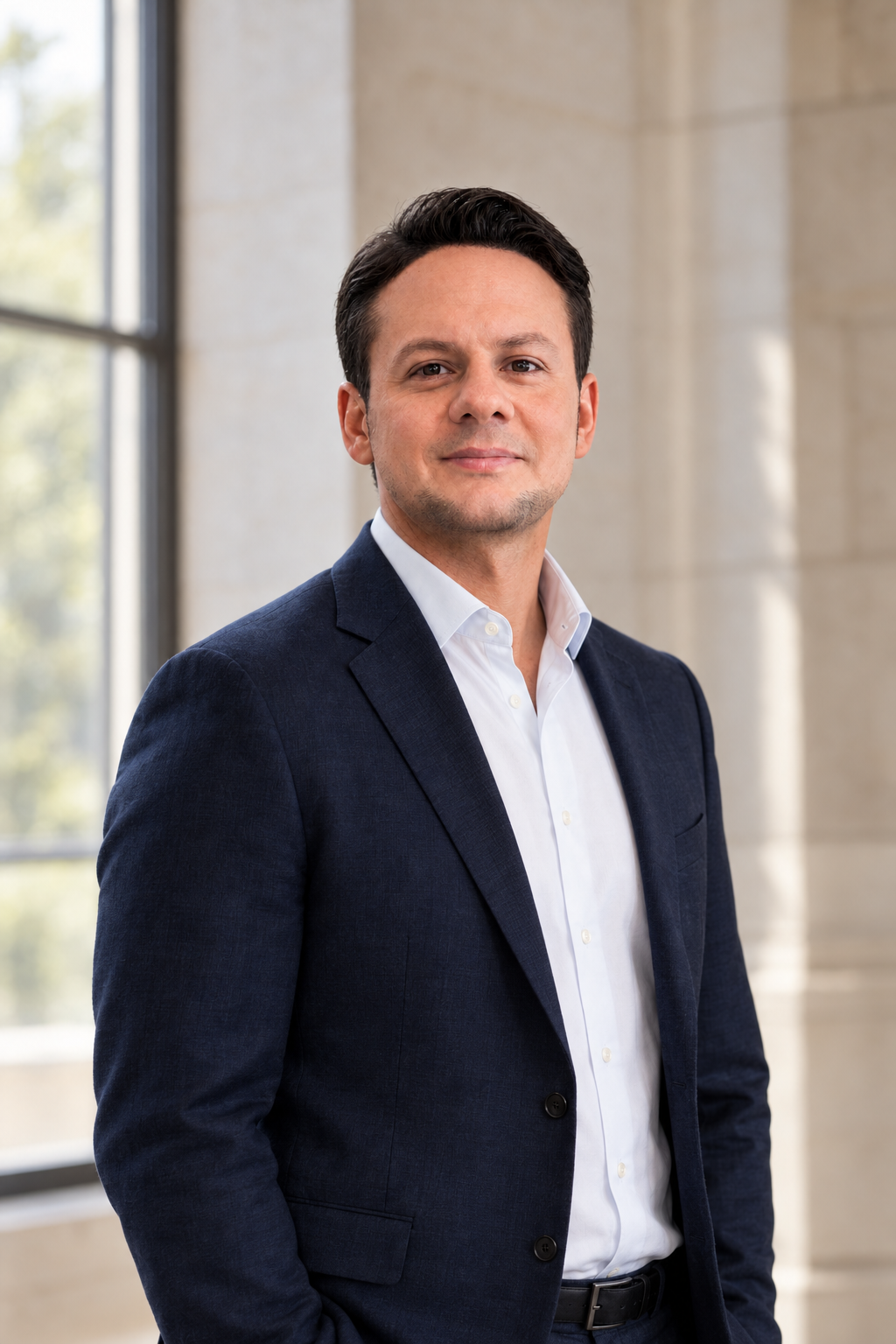 AI-generated editorial portrait depicting Jared Mastroianni in a navy blazer and white shirt.