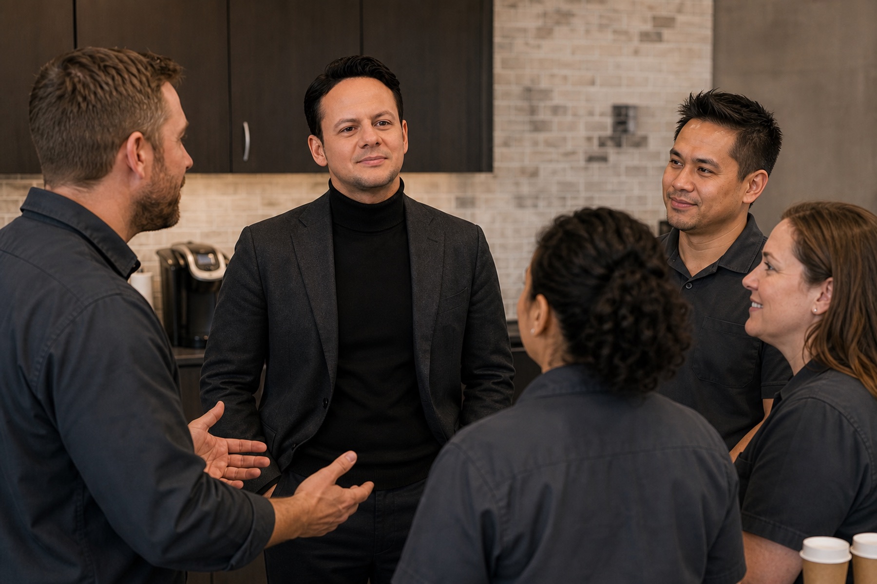 AI-generated editorial image of Jared Mastroianni in a staff break room huddle setting