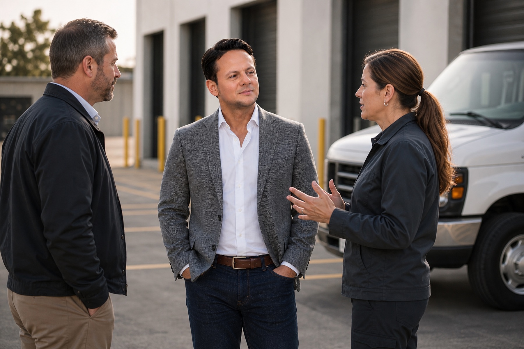 AI-generated editorial image of Jared Mastroianni in a vendor loading area conversation setting