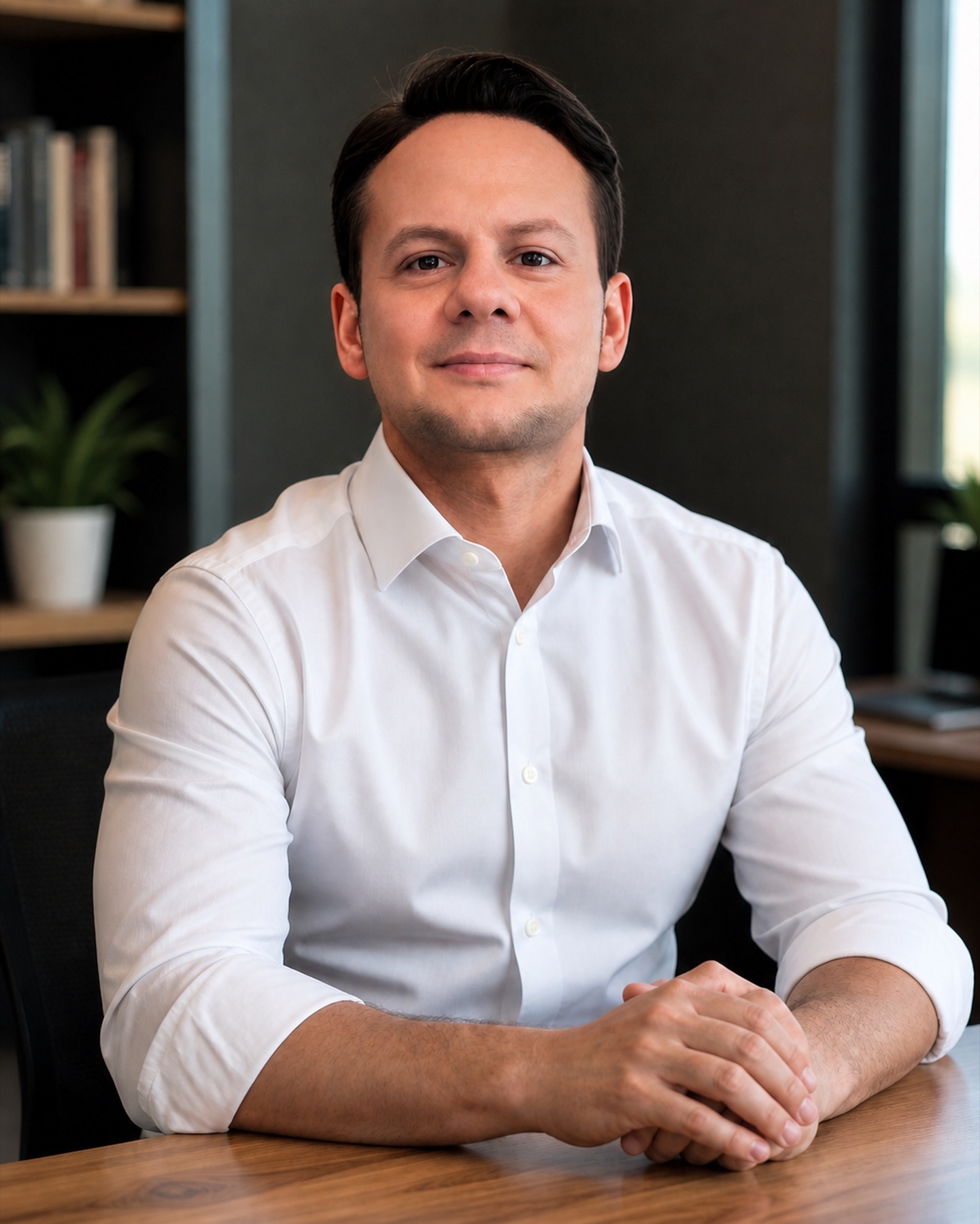 AI-generated editorial image of Jared Mastroianni in a white shirt executive office setting