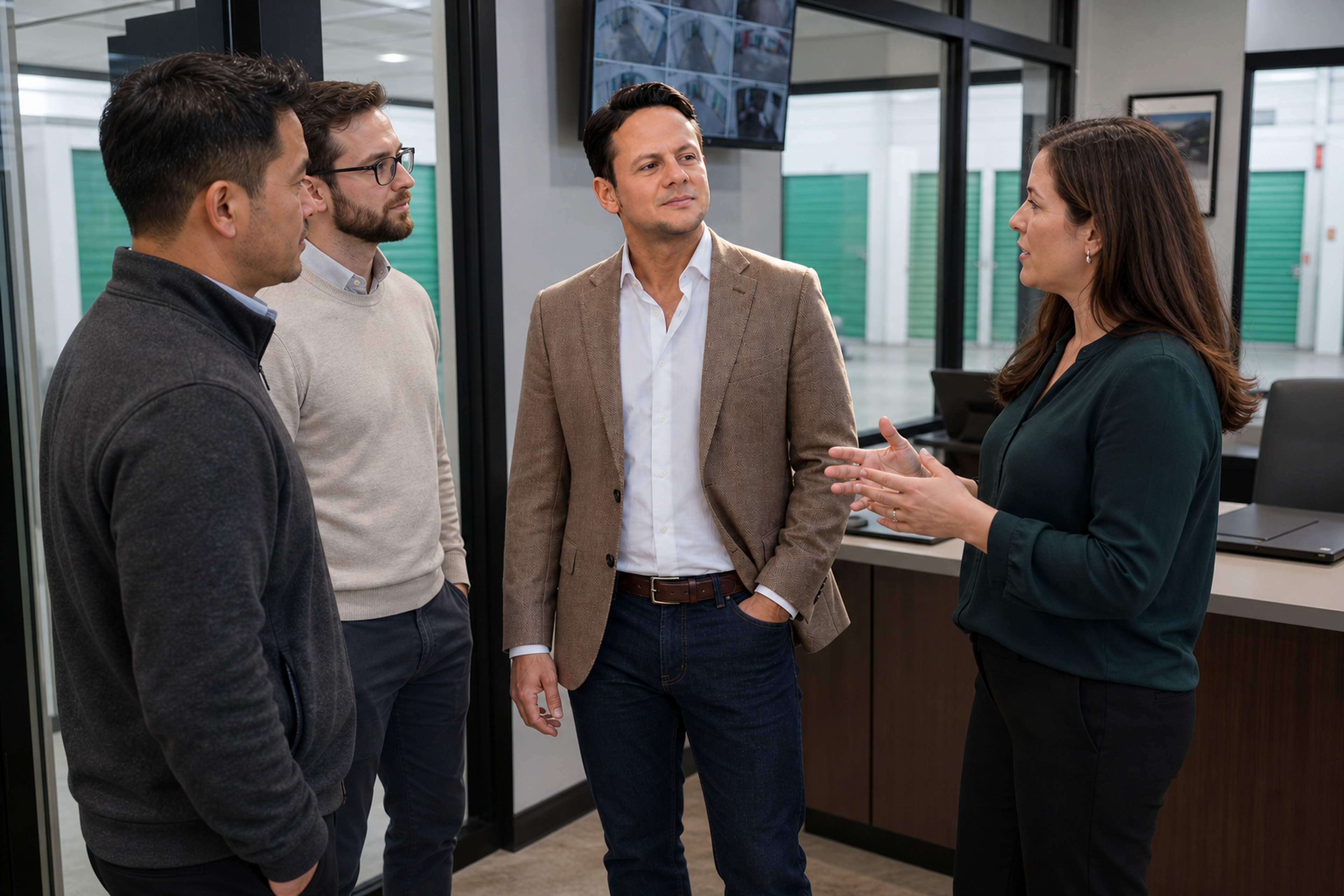 Four colleagues discuss facility operations in an office beside a self-storage corridor during a fictional AI product-discovery workshop.