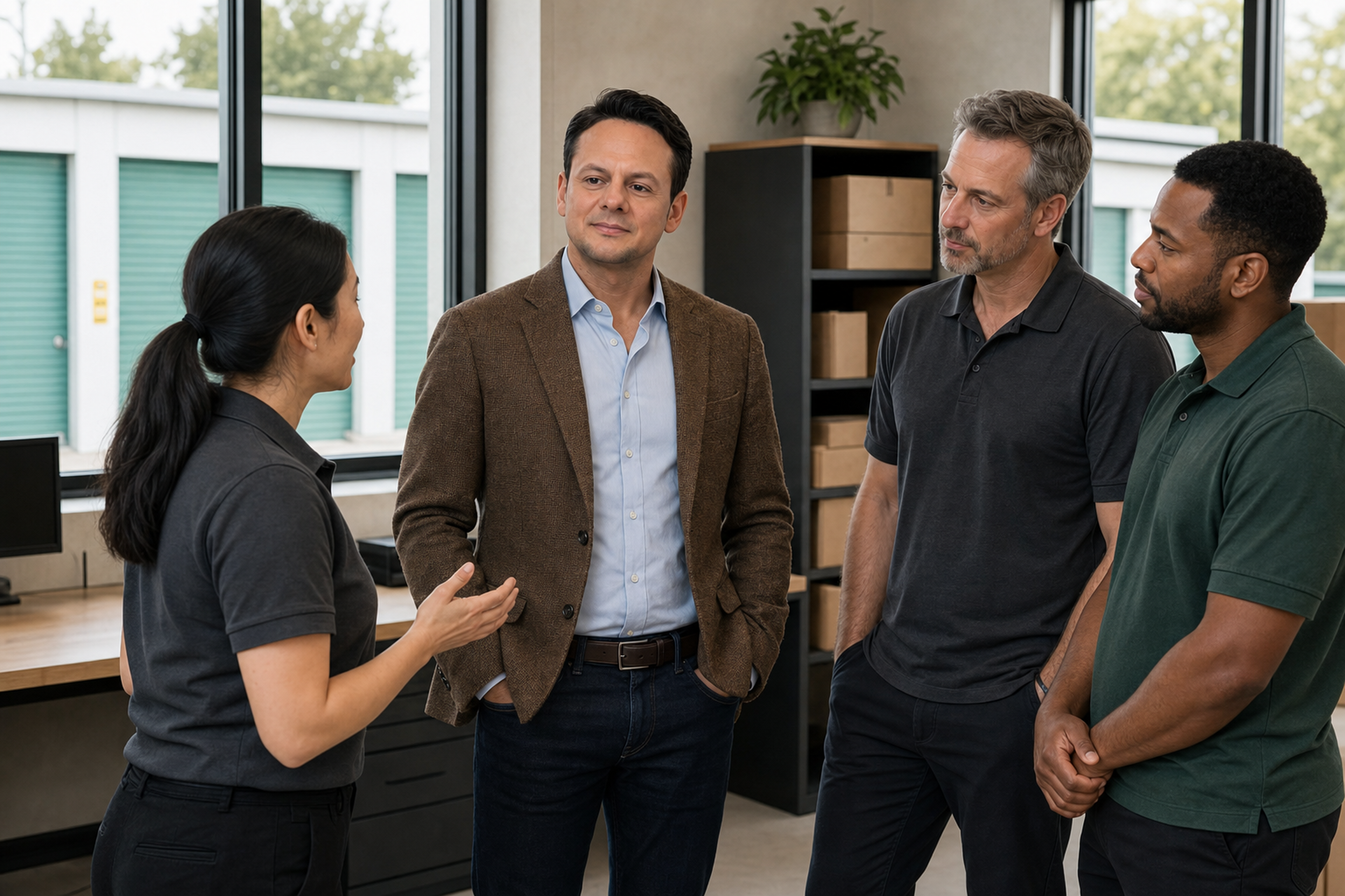 Jared Mastroianni listens with three colleagues during an illustrative self-storage facility team huddle.
