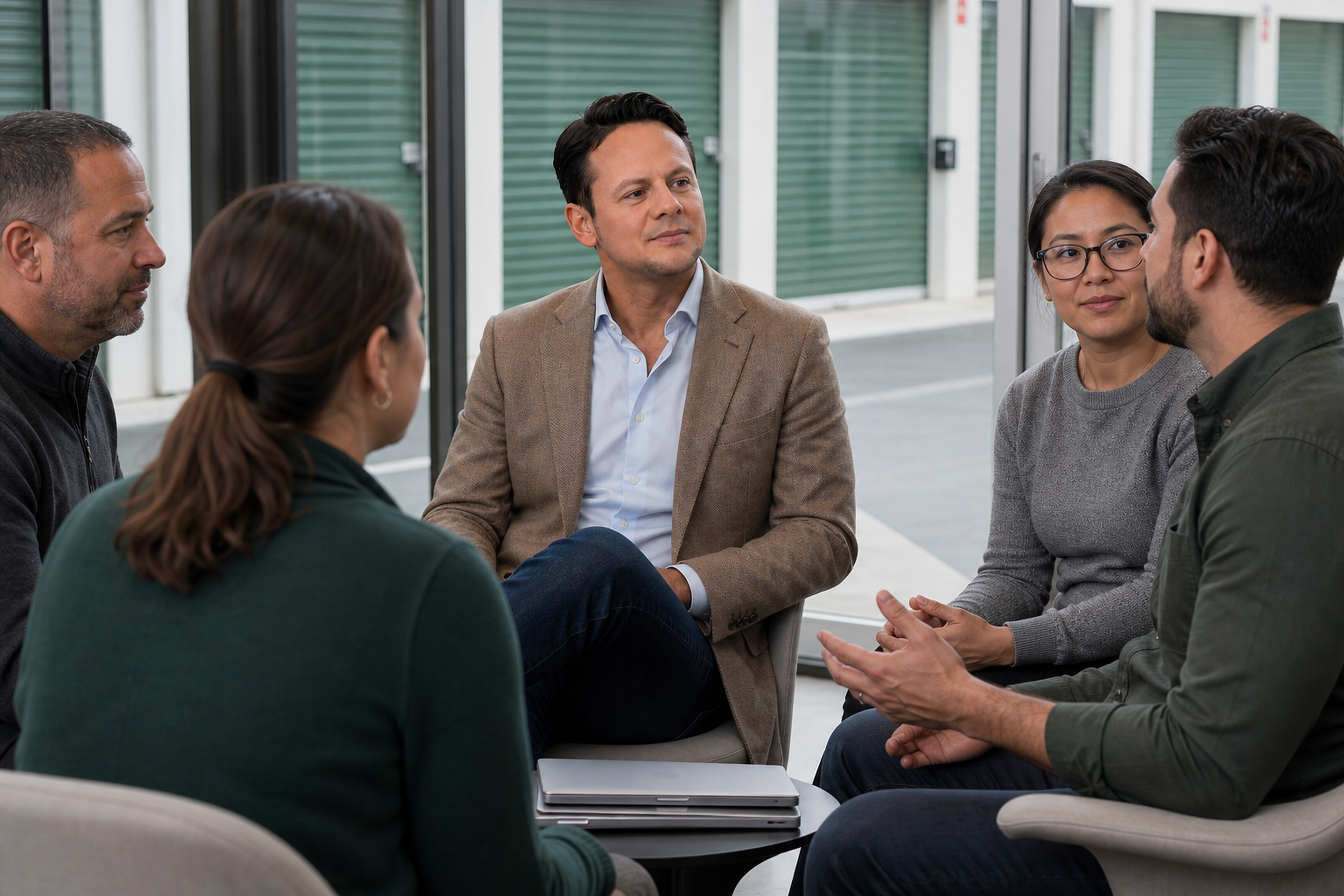 Jared Mastroianni listens during an AI-generated cross-functional discussion in a self-storage setting.