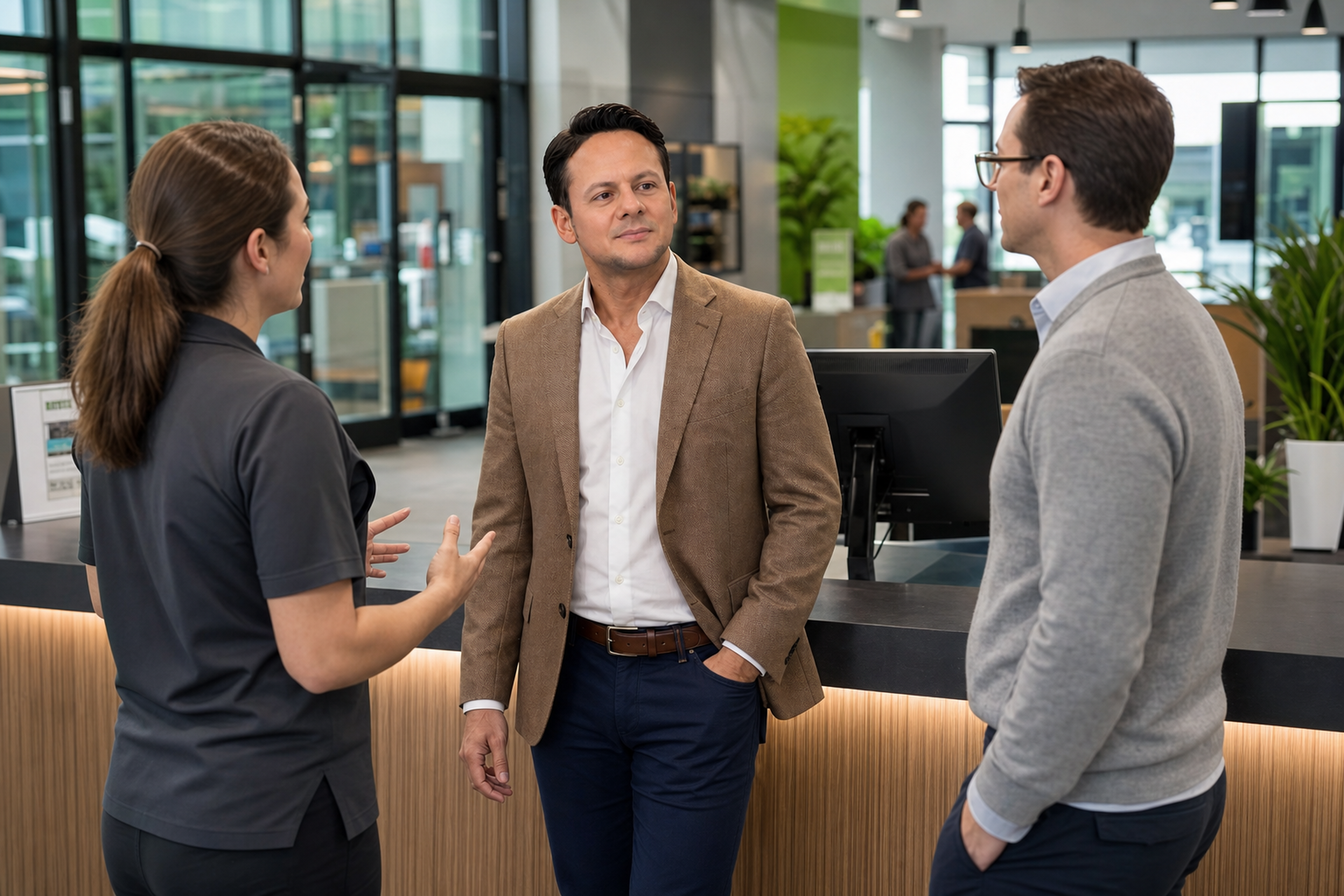Jared Mastroianni listens to two colleagues at a service counter in an AI-generated editorial scene about human review of facility priorities.