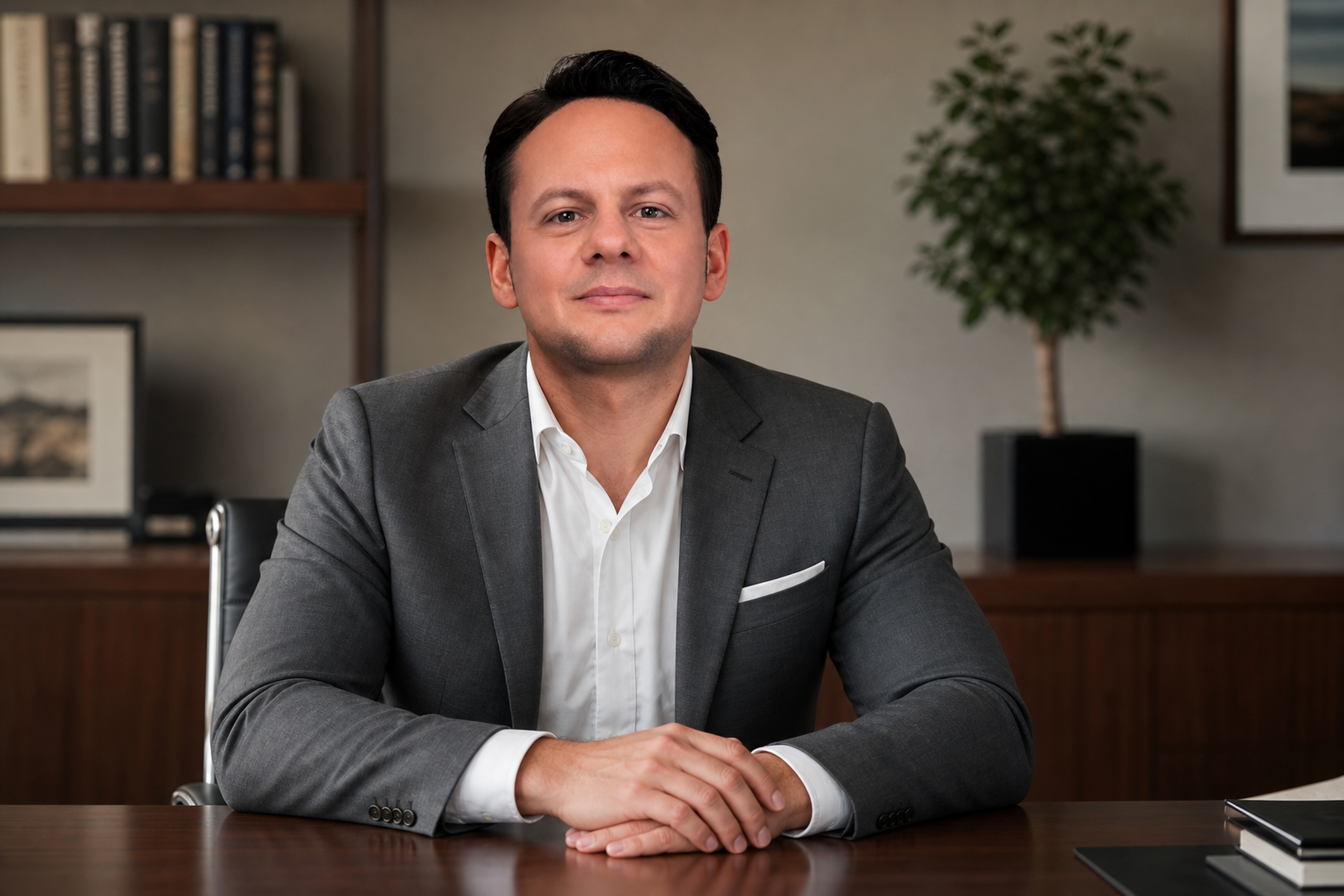 Jared Mastroianni sits at an executive desk in an AI-generated editorial image accompanying a self-storage portfolio operating-systems article.