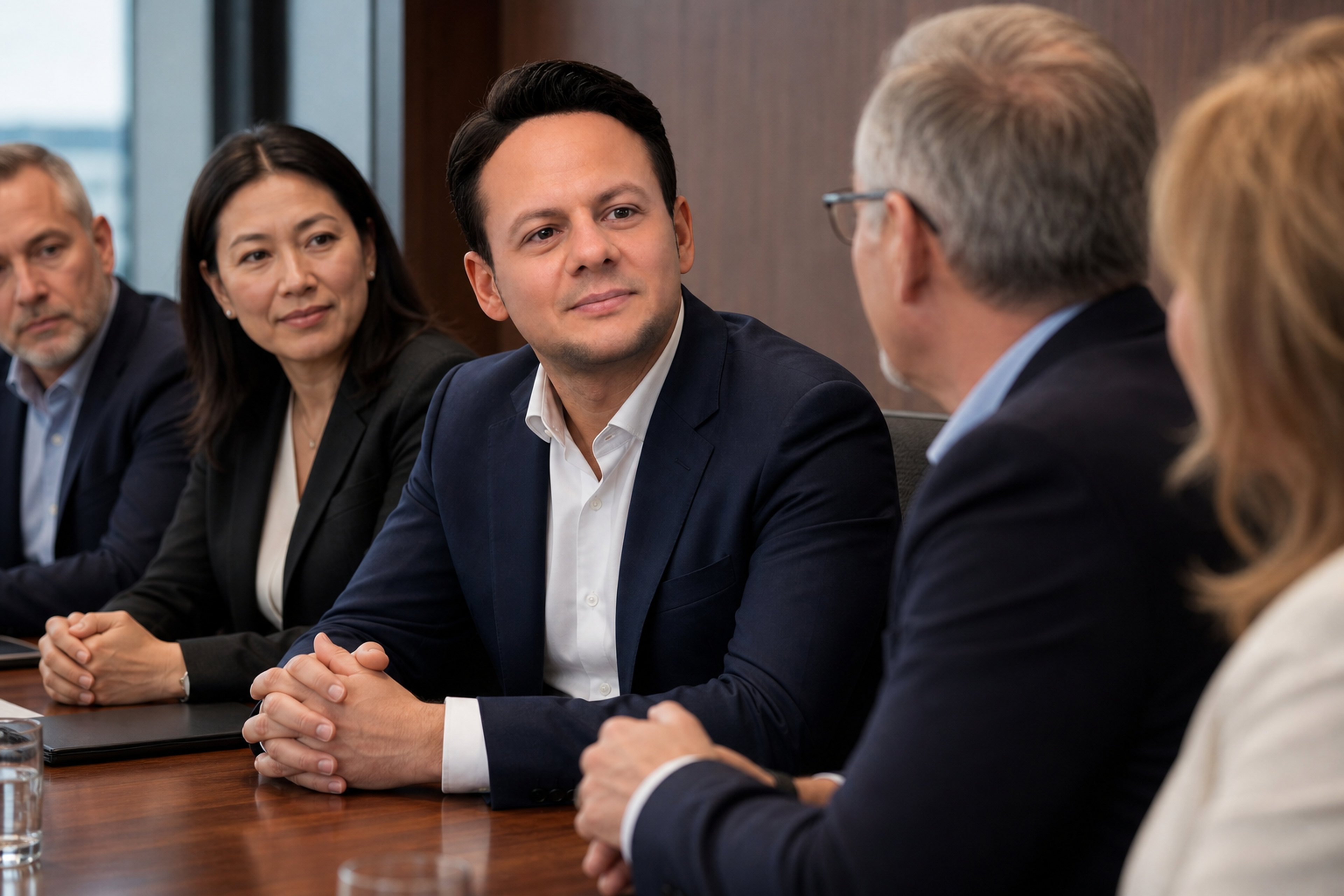 Jared Mastroianni listens during an AI-generated boardroom discussion about a multi-location operating rollout.