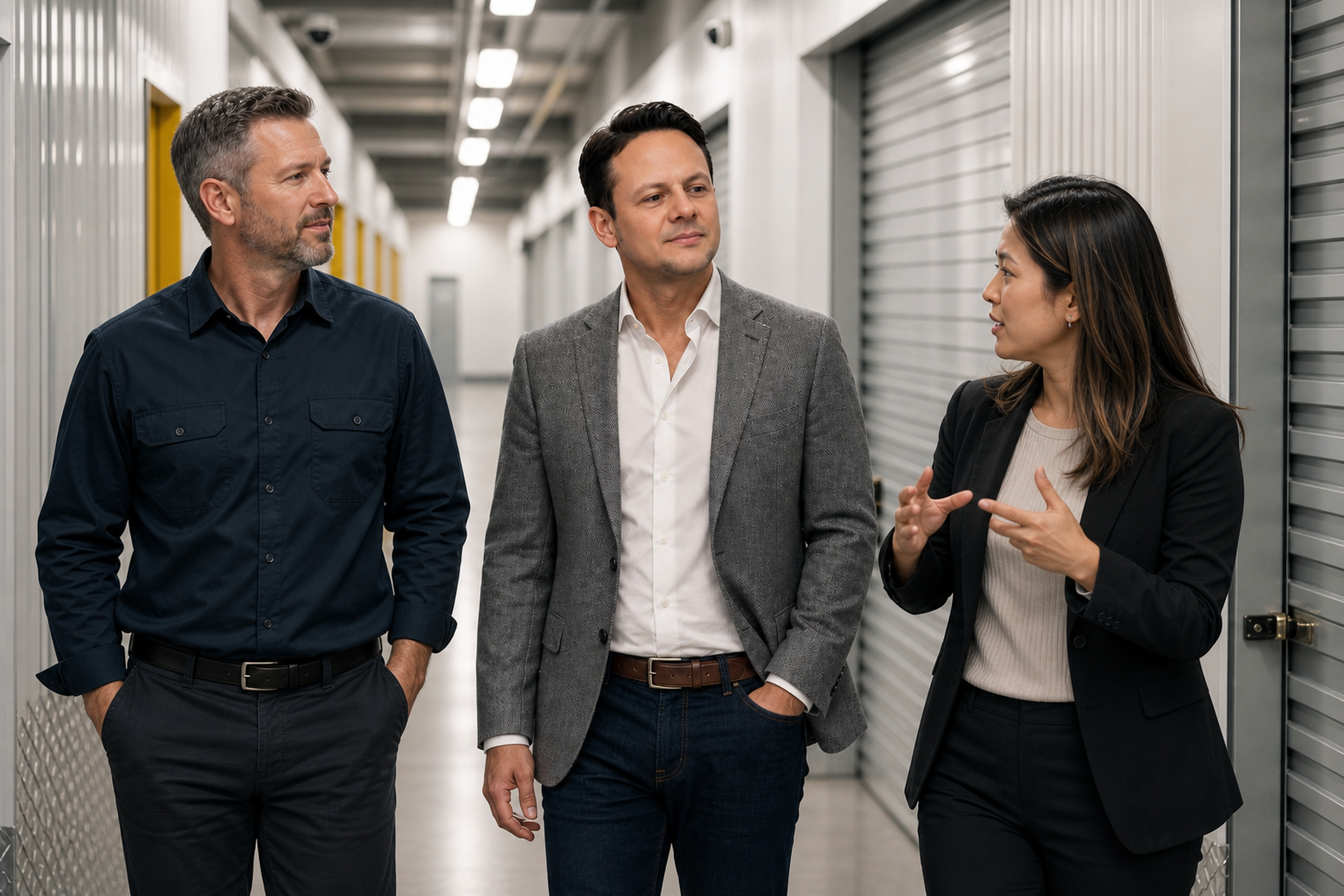 Jared Mastroianni walks through a self-storage corridor with two professionals during an AI-generated discussion about facility signals and data freshness.