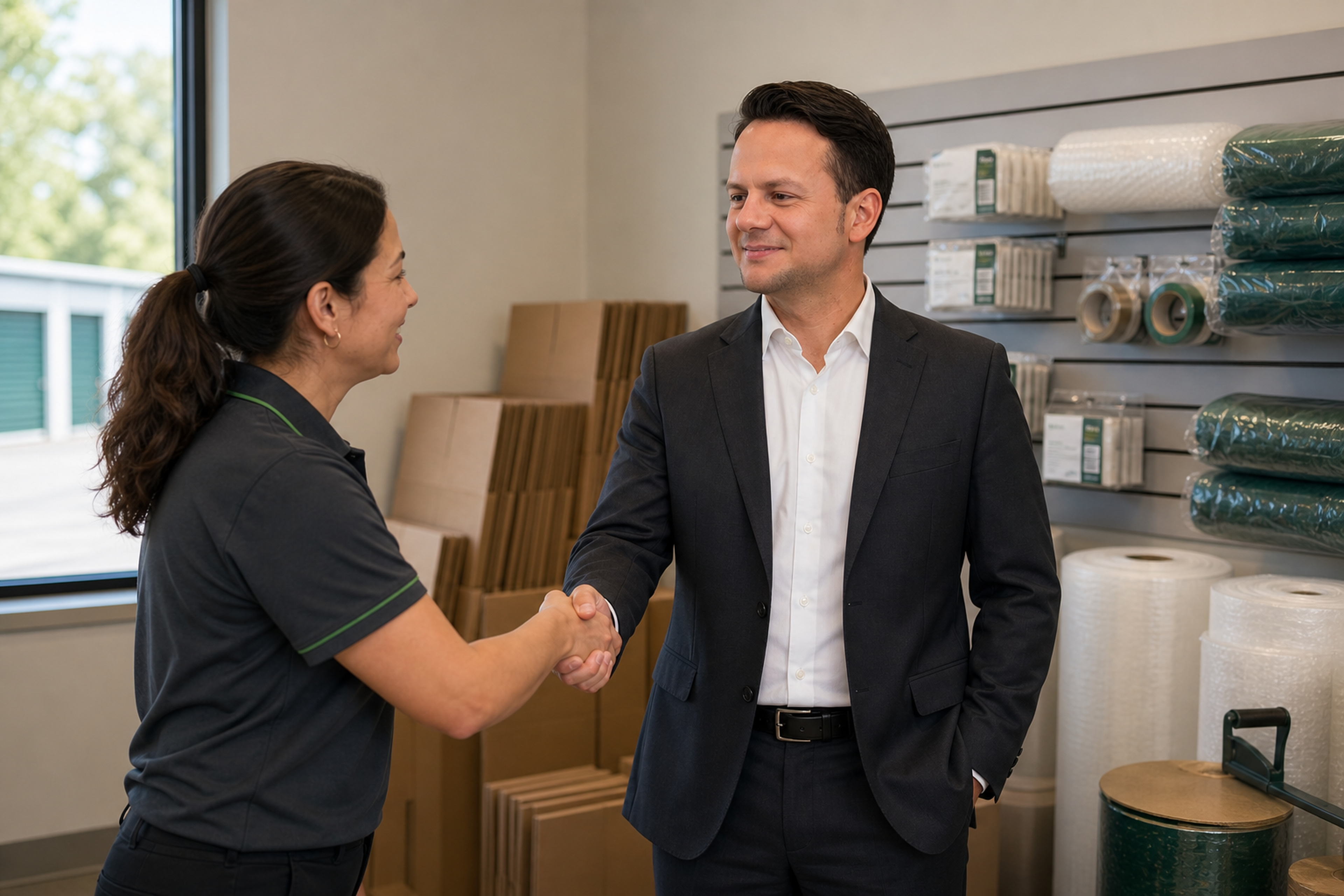 Jared Mastroianni shakes hands with a self-storage facility employee in an editorially constructed retail-office scene.