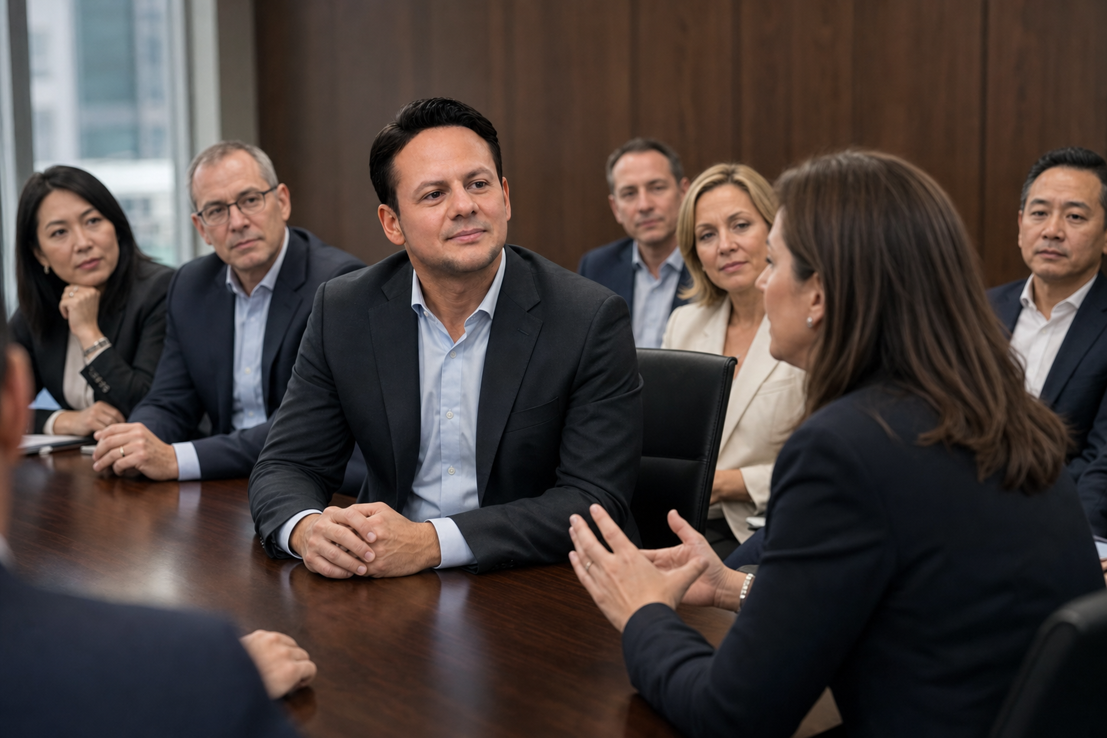 Jared Mastroianni listens during a boardroom discussion in an AI-generated editorial image accompanying a self-storage operating-systems article.