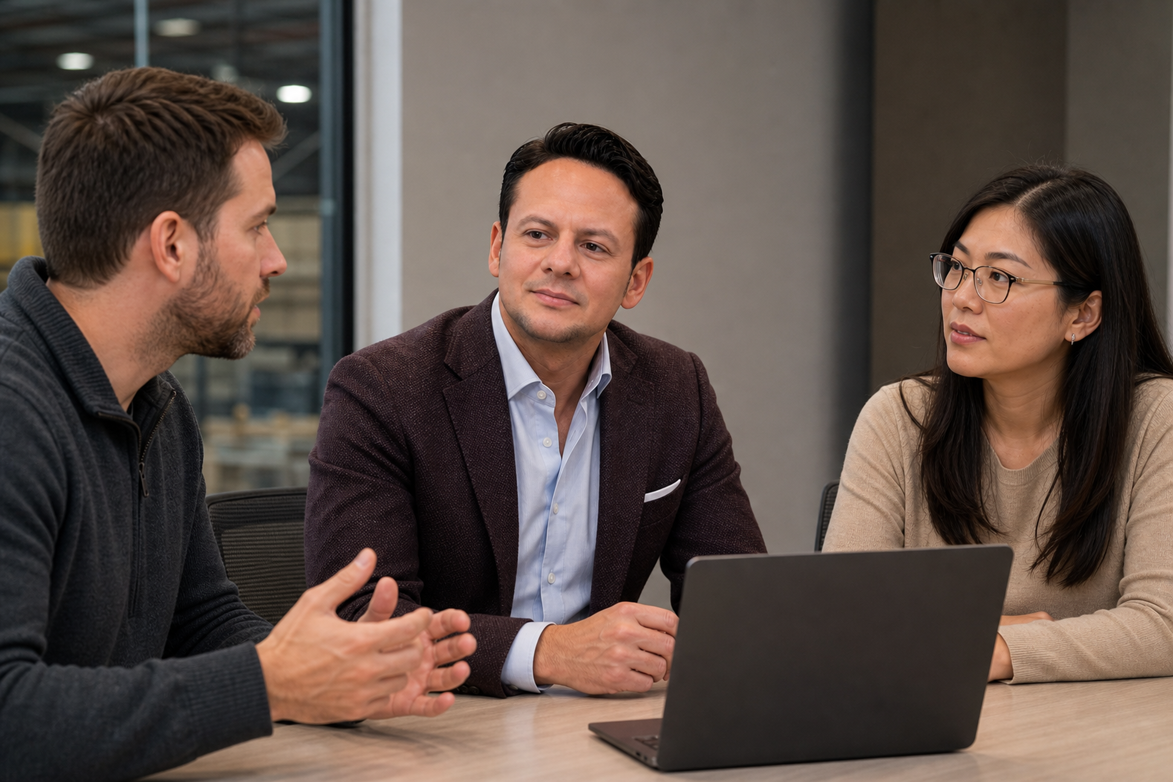 Jared Mastroianni and a cross-functional team review facility-system mappings and release evidence around a conference table.
