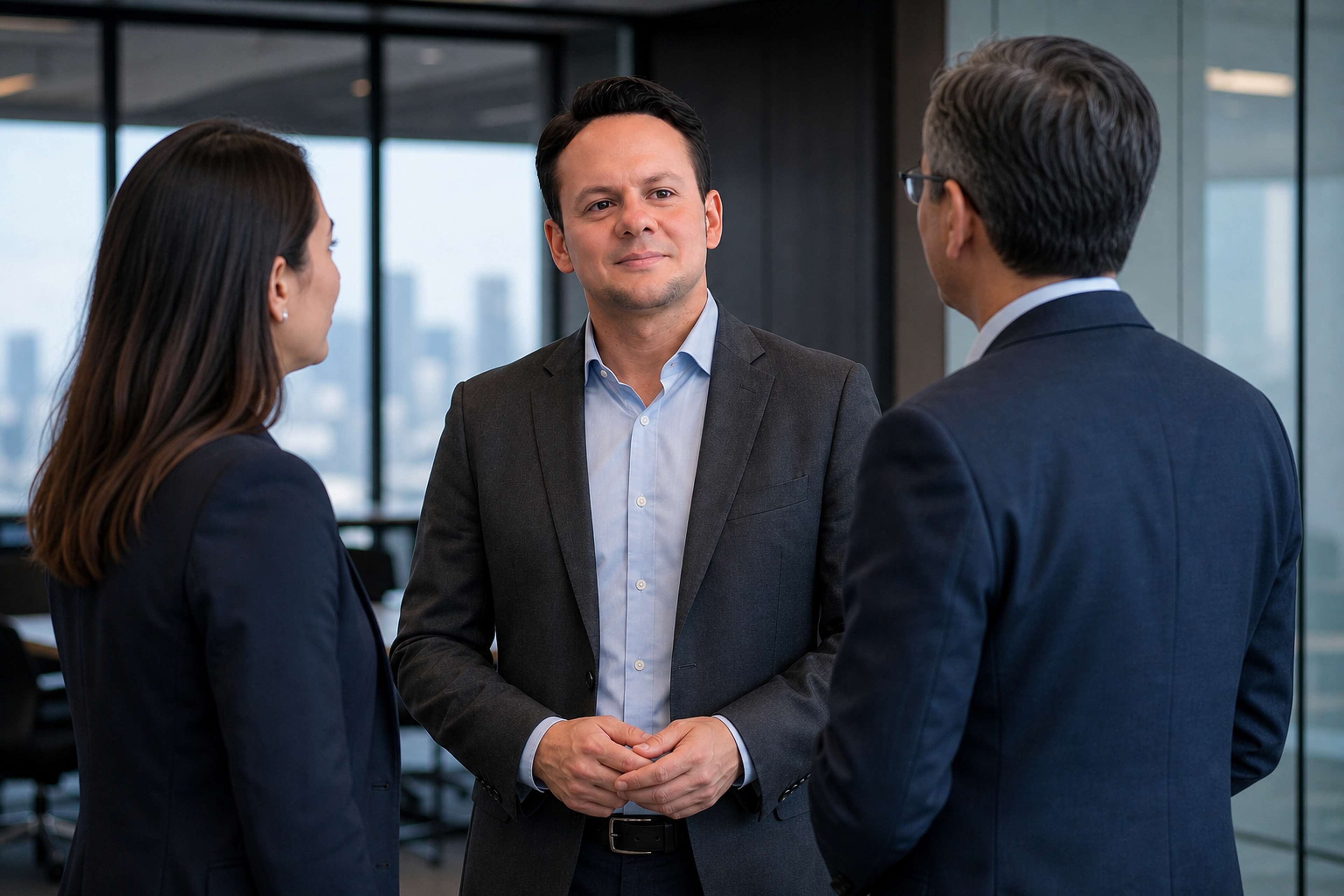 Jared Mastroianni speaks with two colleagues in a conference room during an editorial discussion about reviewing portfolio data before release.