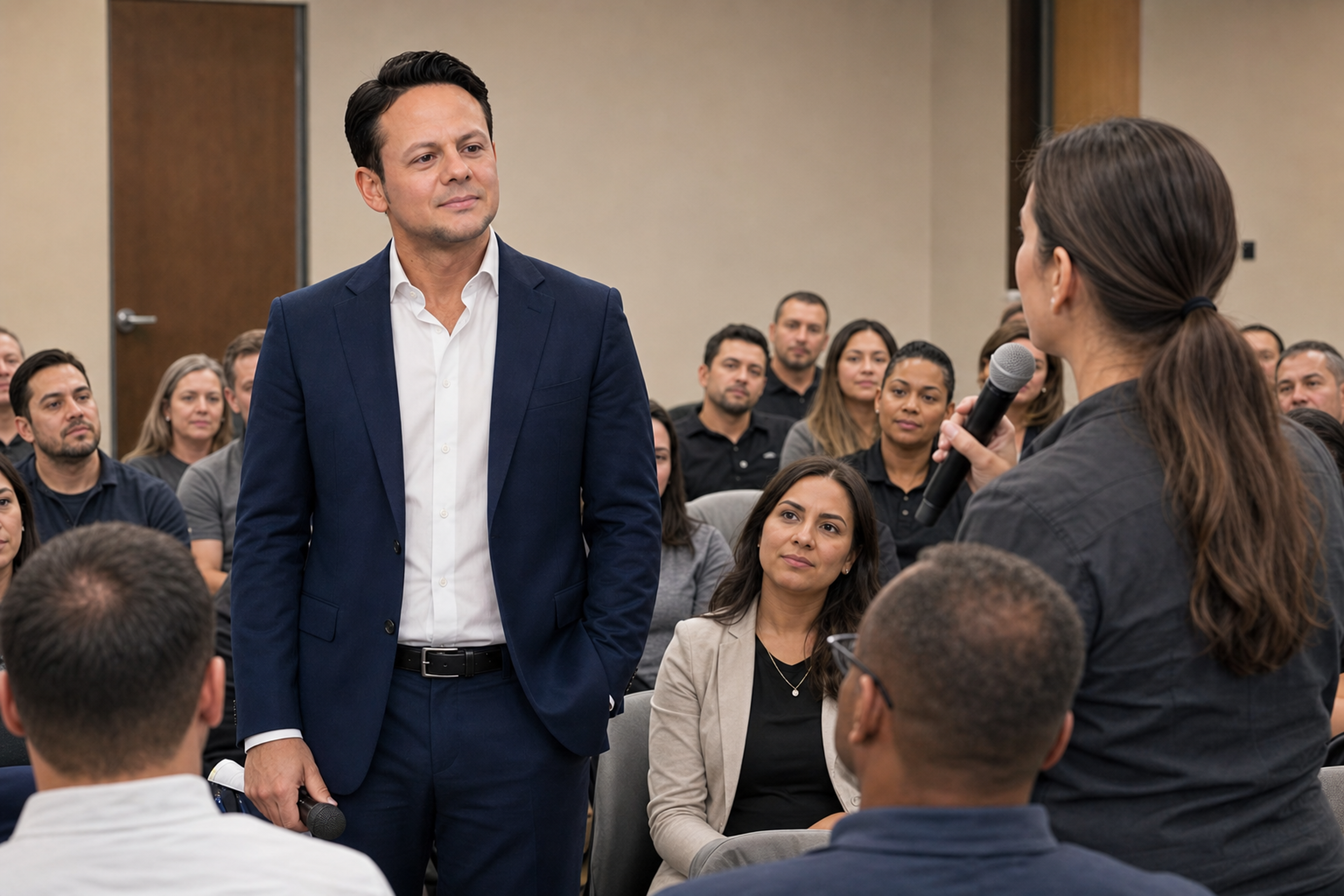 Jared Mastroianni listens to an employee's question during an AI-generated staff training discussion.