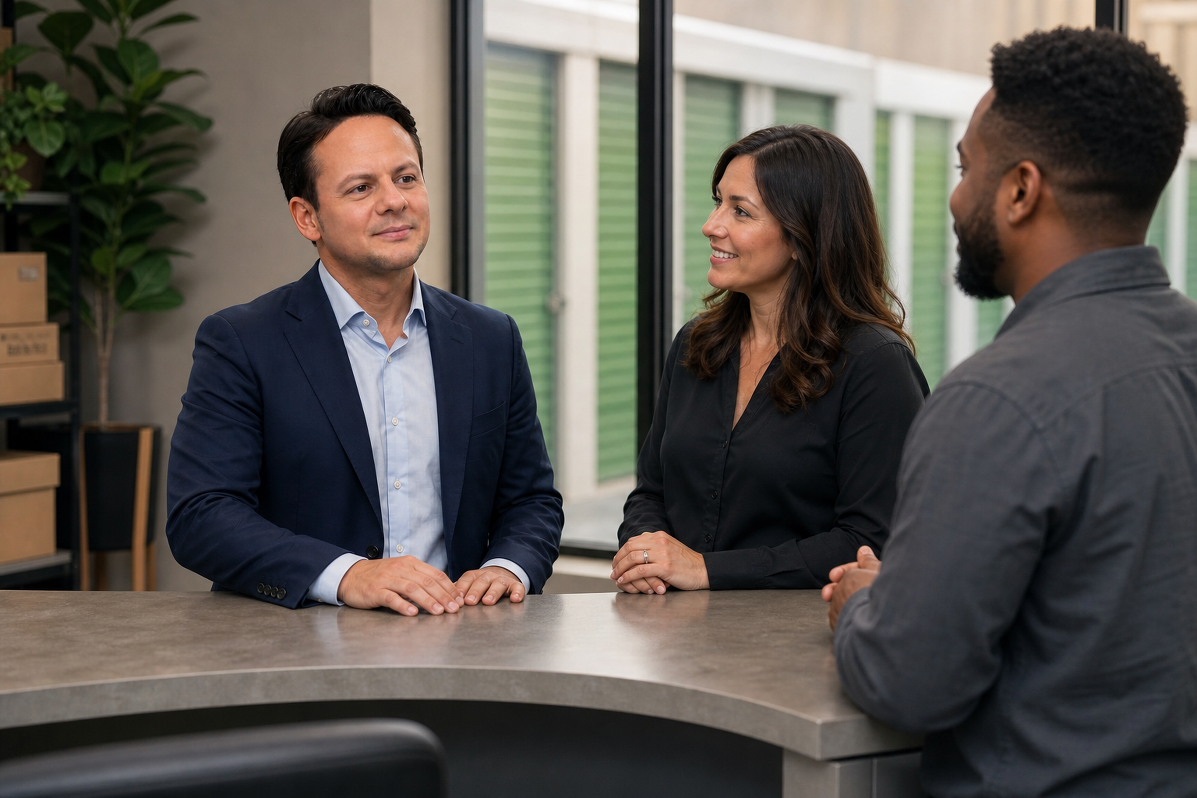 Jared Mastroianni speaks with a facility employee and customer in an AI-generated editorial front-counter scene.