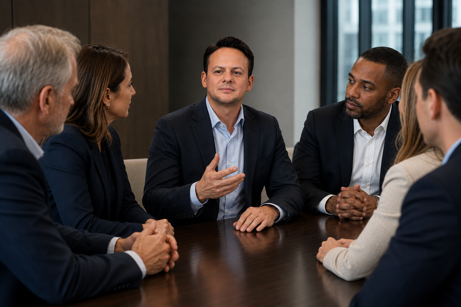 Jared Mastroianni speaks with a small cross-functional group around a conference table during a records-governance discussion.